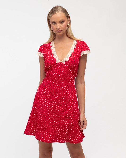 Sia Lace Trim Mini Dress Red White/Cream Trim