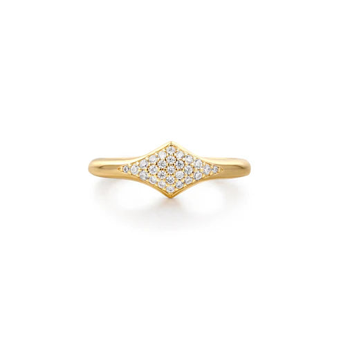 Gold ring with diamond-like stones on a white background