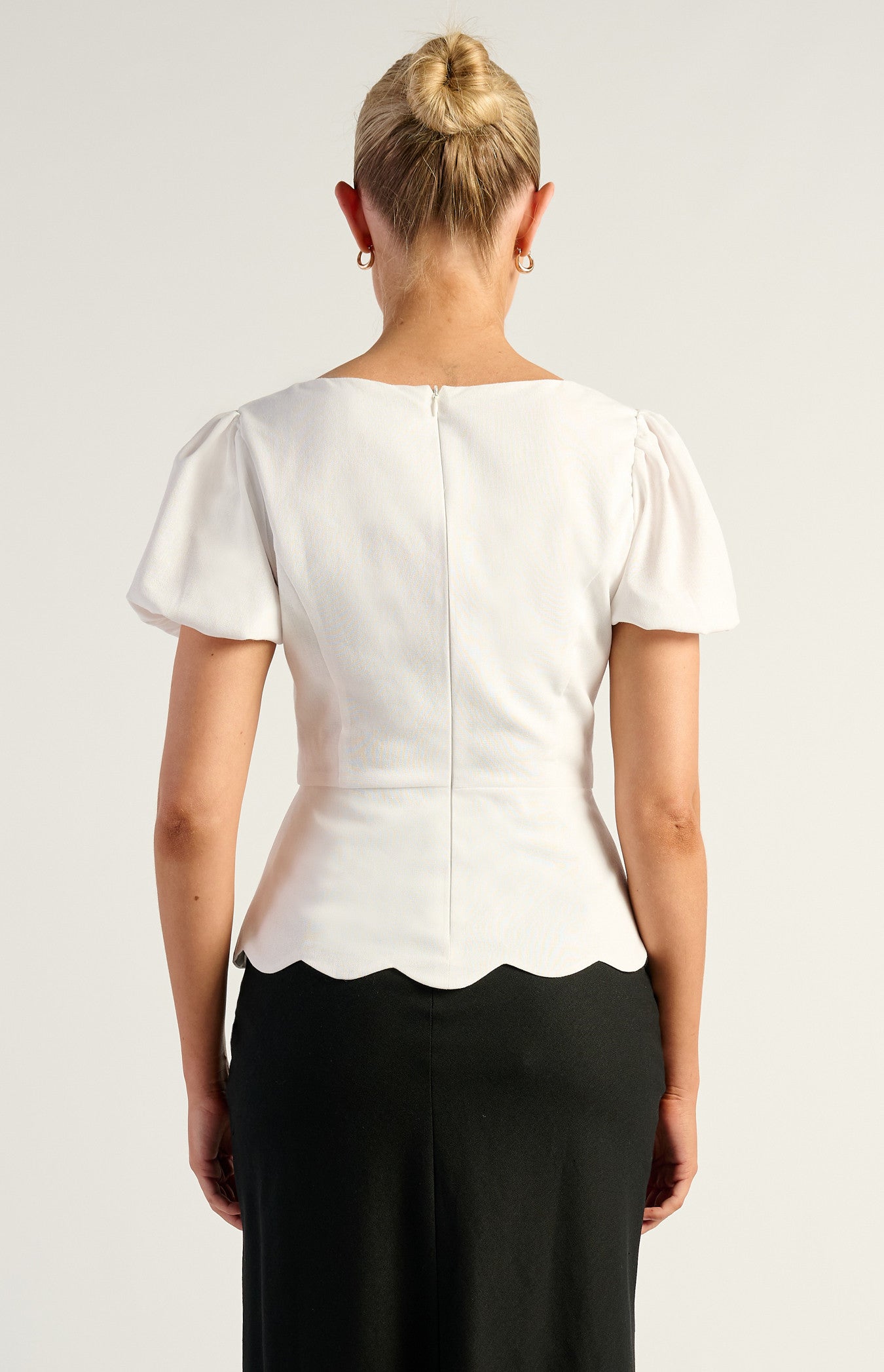 Lia Puff Sleeve Scallop Top White