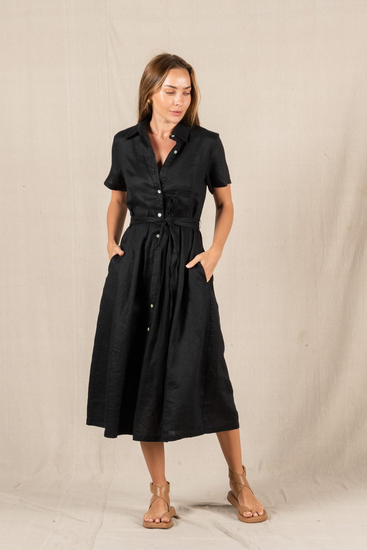 Salerno Linen Midi Dress Black