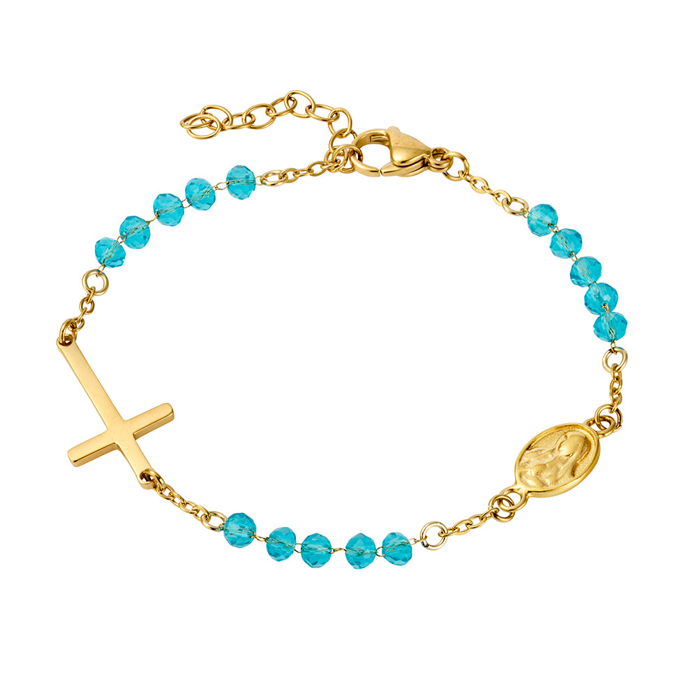 Bead Bracelet with Mother Mary & Cross - Light Blue