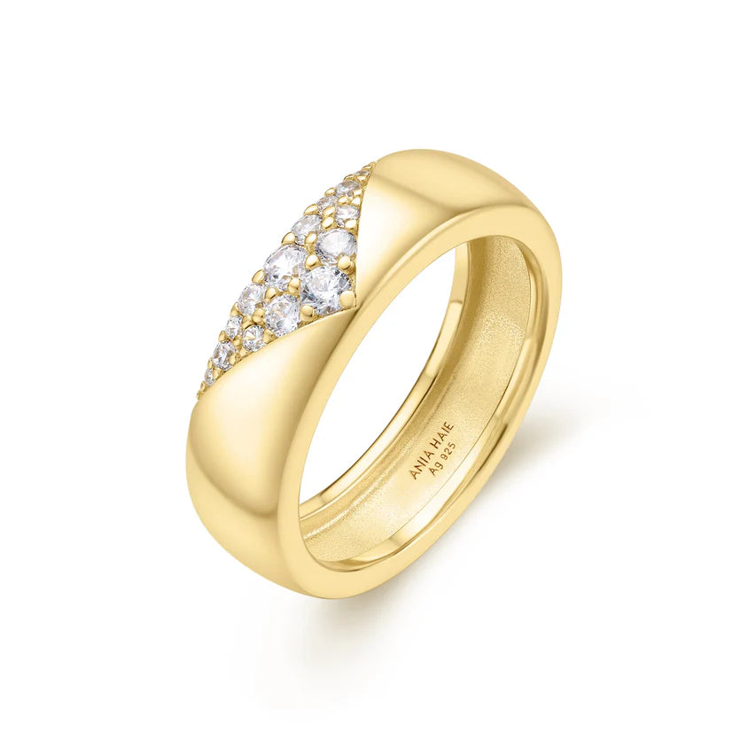 Gold ring with Cubic Zirconia diamond look accents on a white background