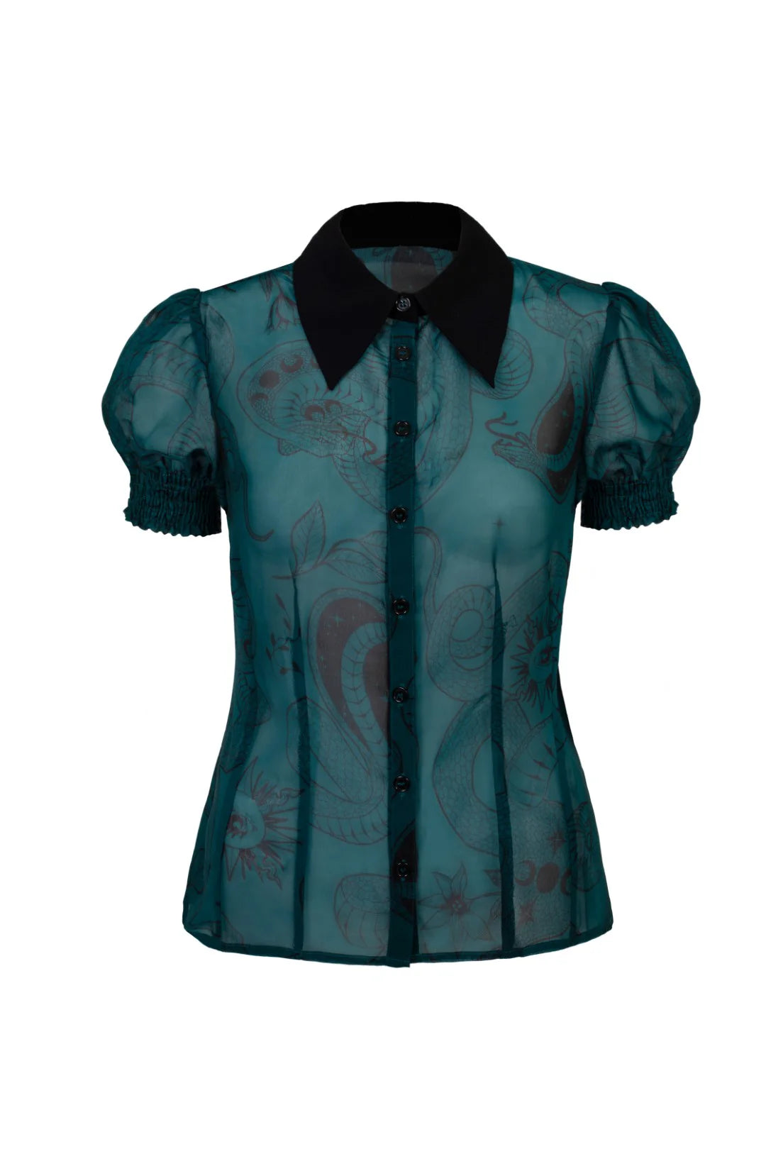 Teal blouse with black collar on a white background