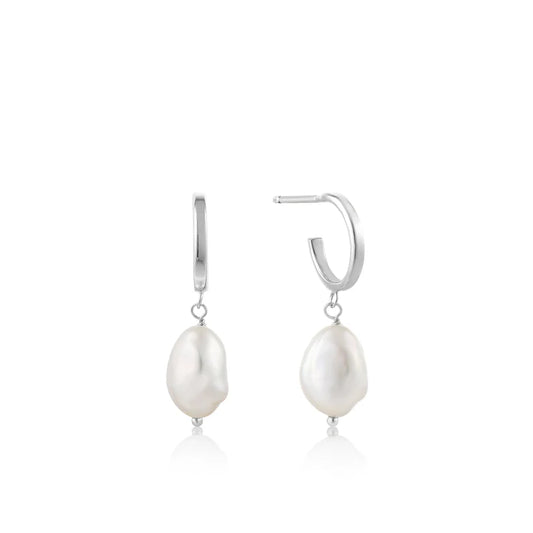 Pearl Mini Hoop Earrings Silver