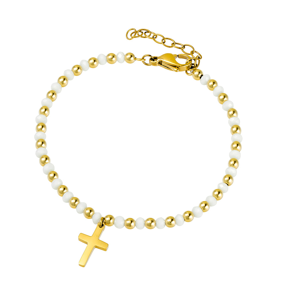 White Bead Rosary Bracelet with Gold Cross